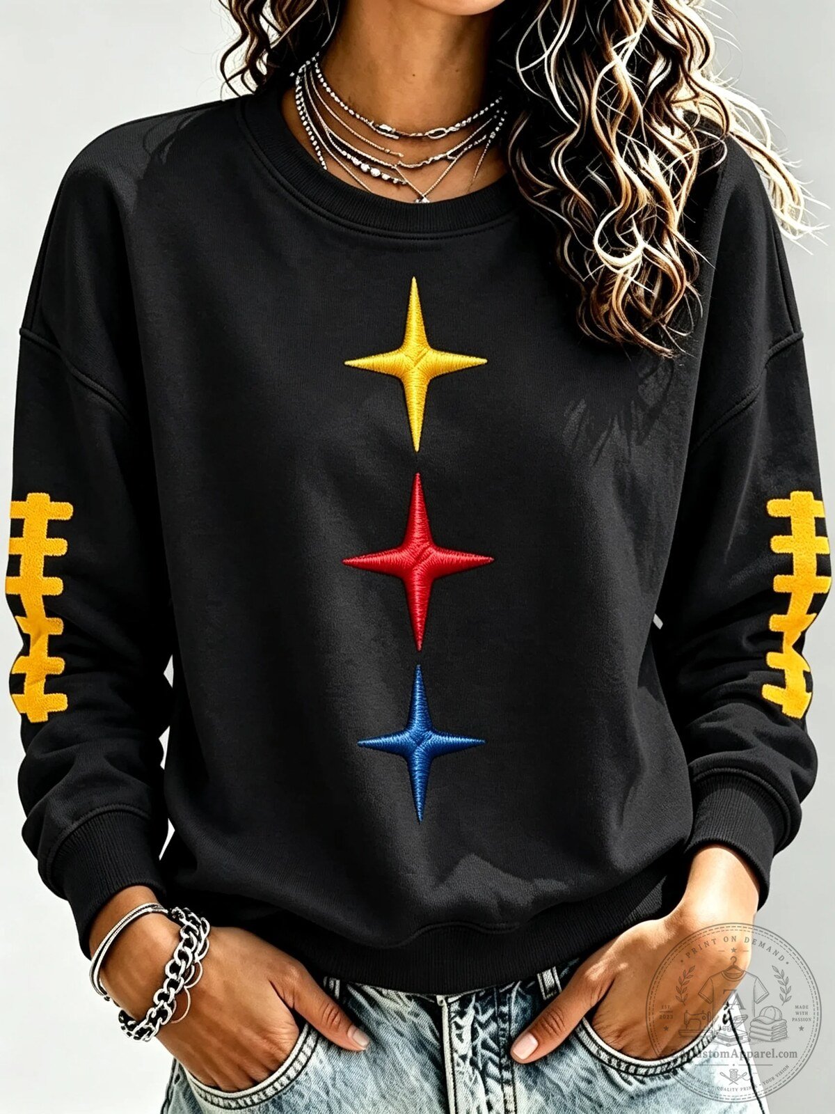 Pittsburgh Steelers Football Embroidered Stars Black Crewneck Sweatshirt