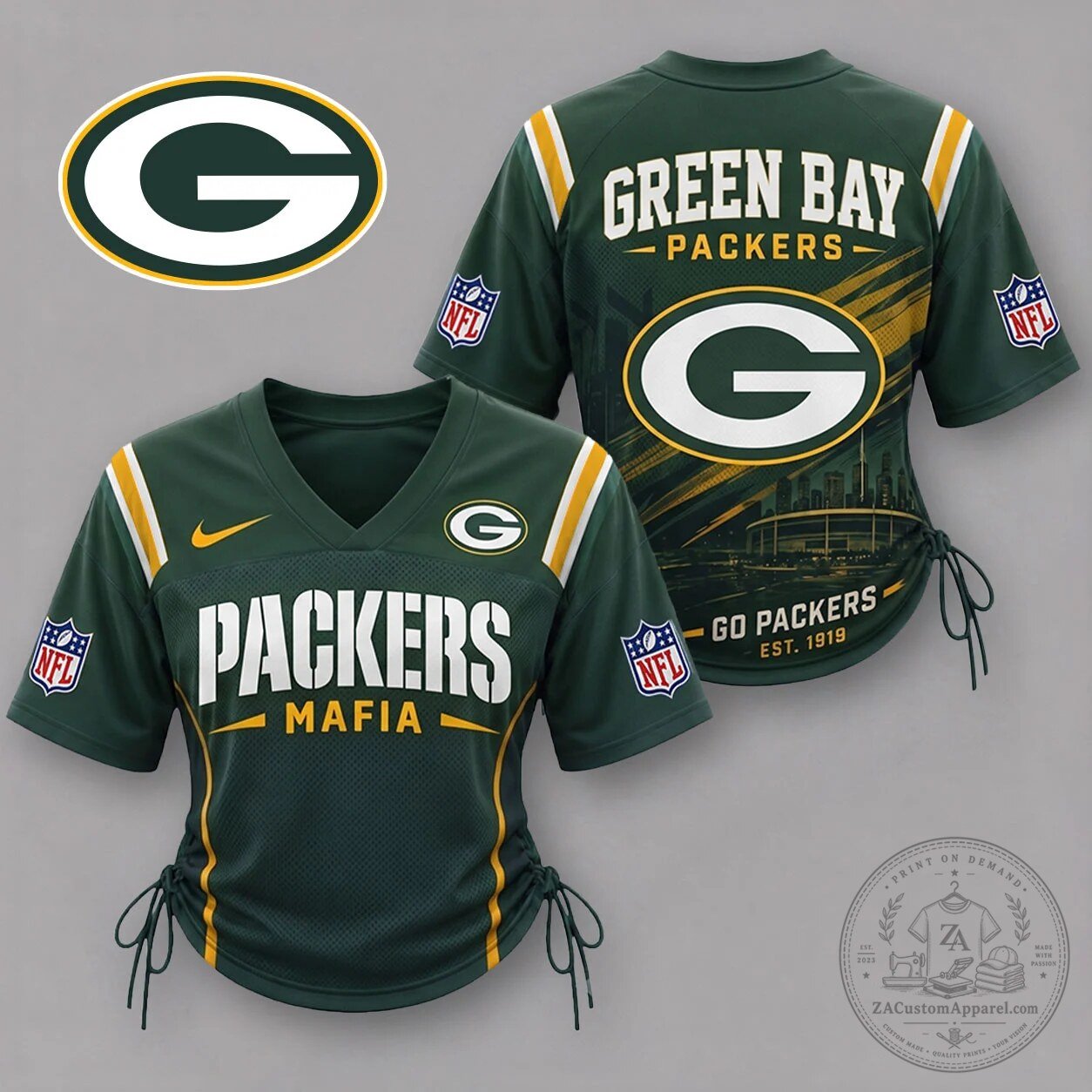 Green Bay Packers Women's Football Jersey Shirt with Side Ties