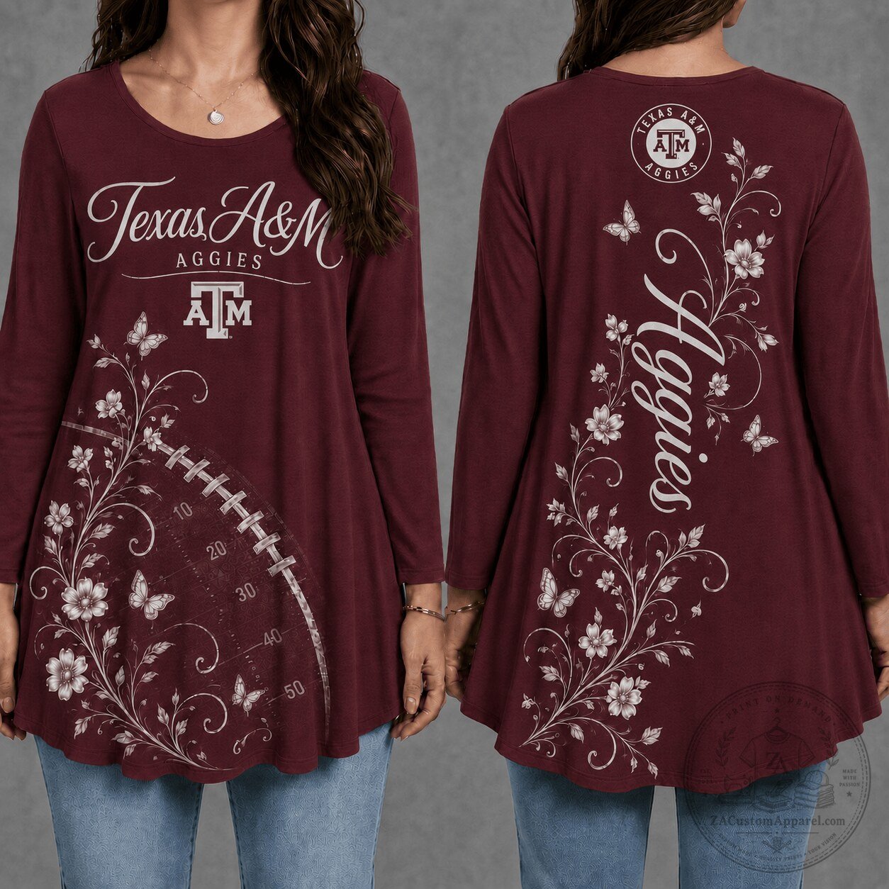 Texas A&M Aggies Floral Football Long Sleeve Tunic Top for Women 1 Texas A&M Aggies Floral Football Long Sleeve Tunic Top for Women