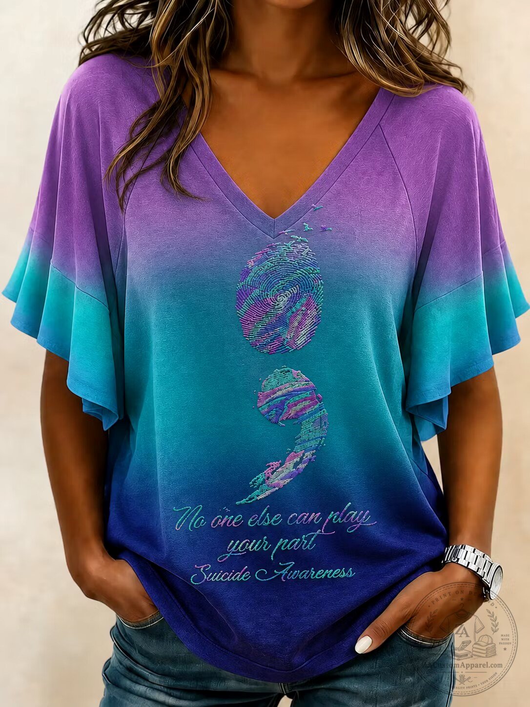 Suicide Awareness Semicolon Fingerprint Gradient V-Neck Dolman Sleeve T-Shirt