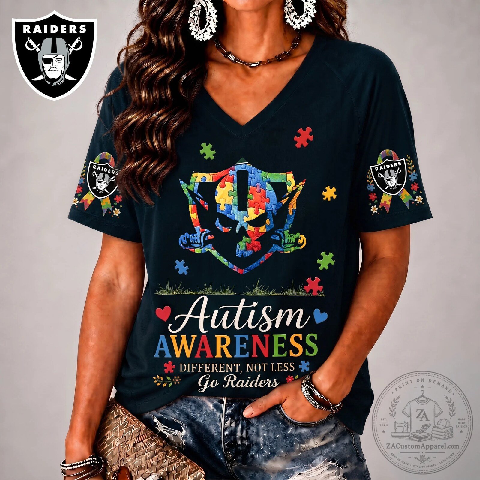 Las Vegas Raiders Autism Awareness Different Not Less V-Neck T-Shirt