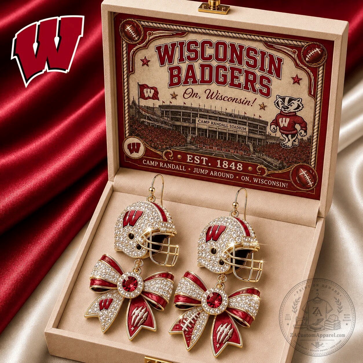 Dangle Earrings with Red Bows Featuring Wisconsin Badgers Football Helmet Design