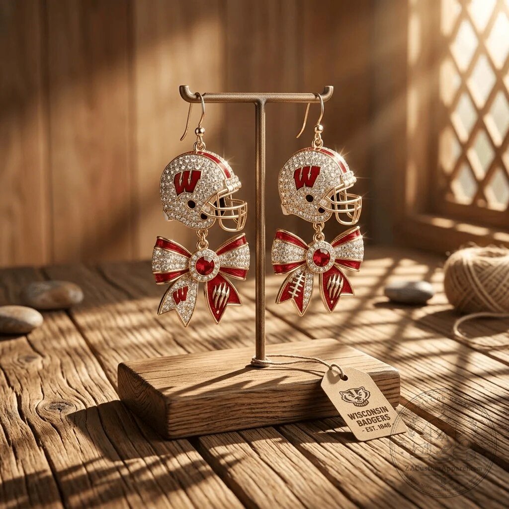Dangle Earrings with Red Bows Featuring Wisconsin Badgers Football Helmet Design 5 Dangle Earrings with Red Bows Featuring Wisconsin Badgers Football Helmet Design
