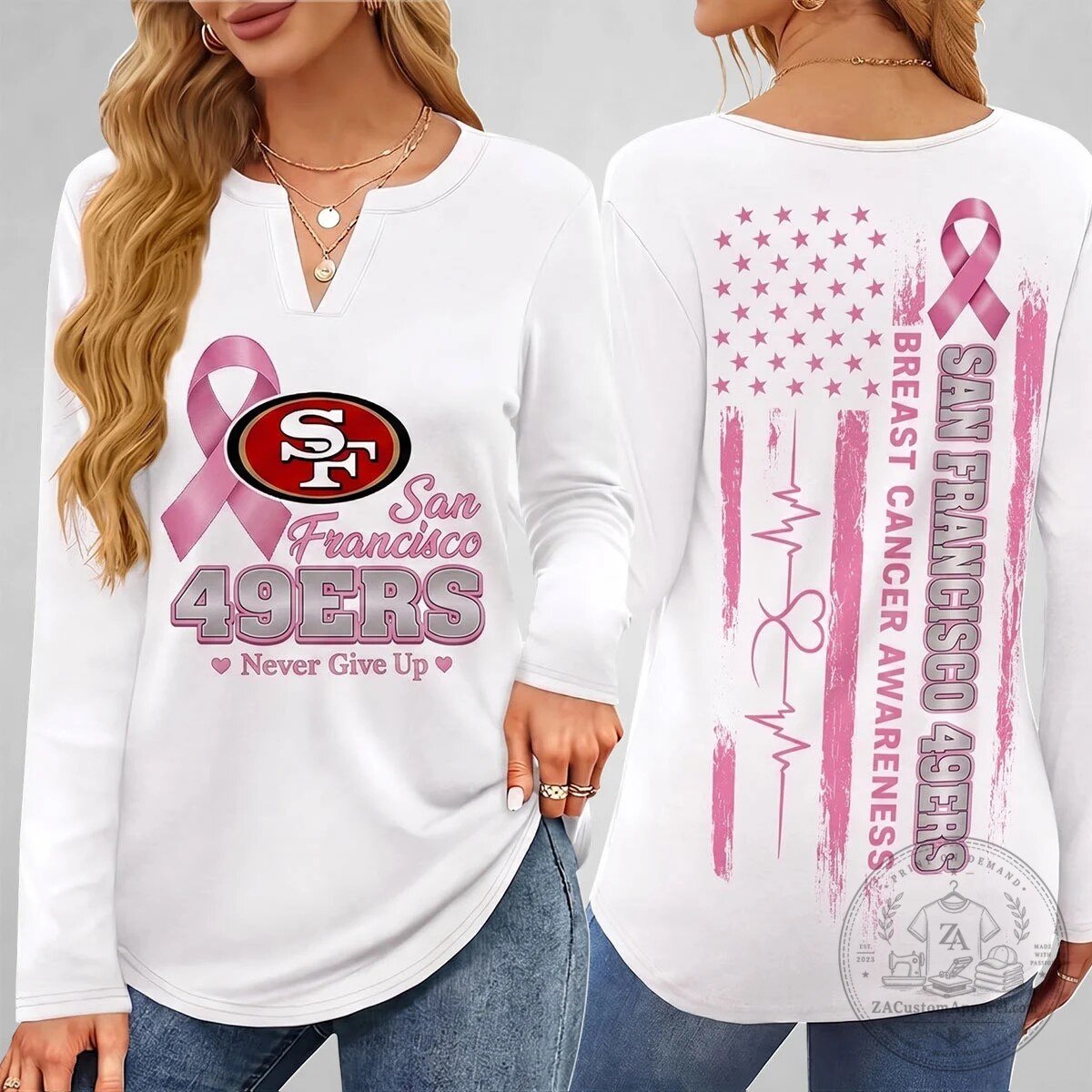 San Francisco 49ers Breast Cancer Awareness Never Give Up Long Sleeve Shirt