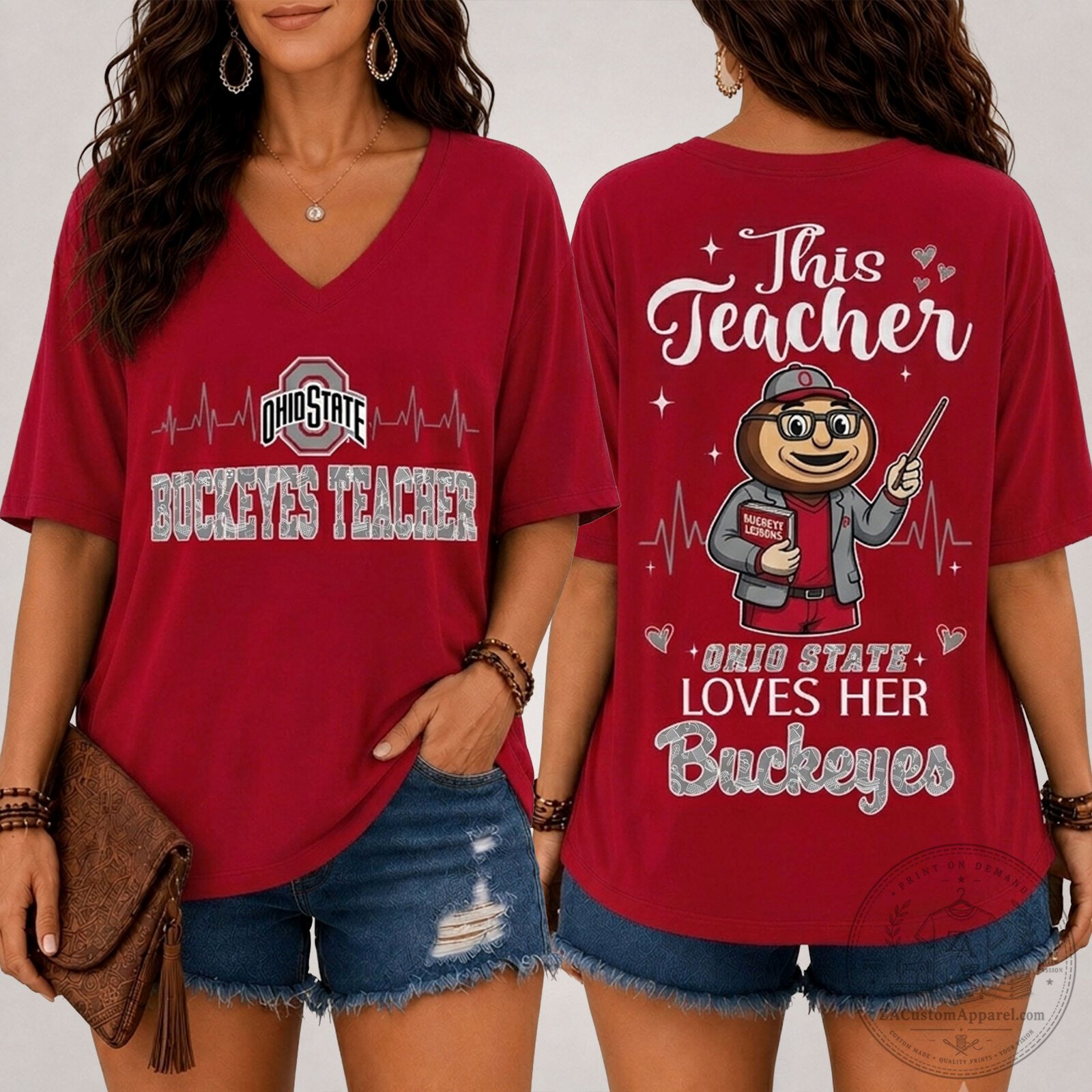 Ohio State Buckeyes Teacher Love Football V-Neck T-Shirt