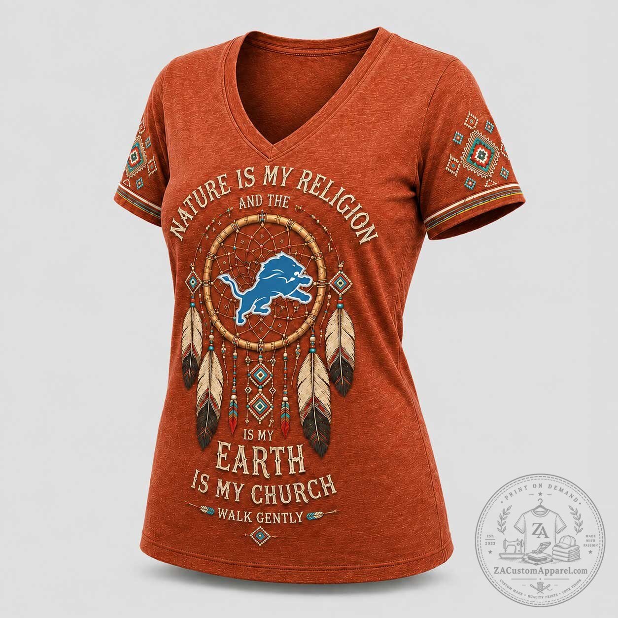 Detroit Lions Nature Spirit Dreamcatcher V-Neck T-Shirt for Women