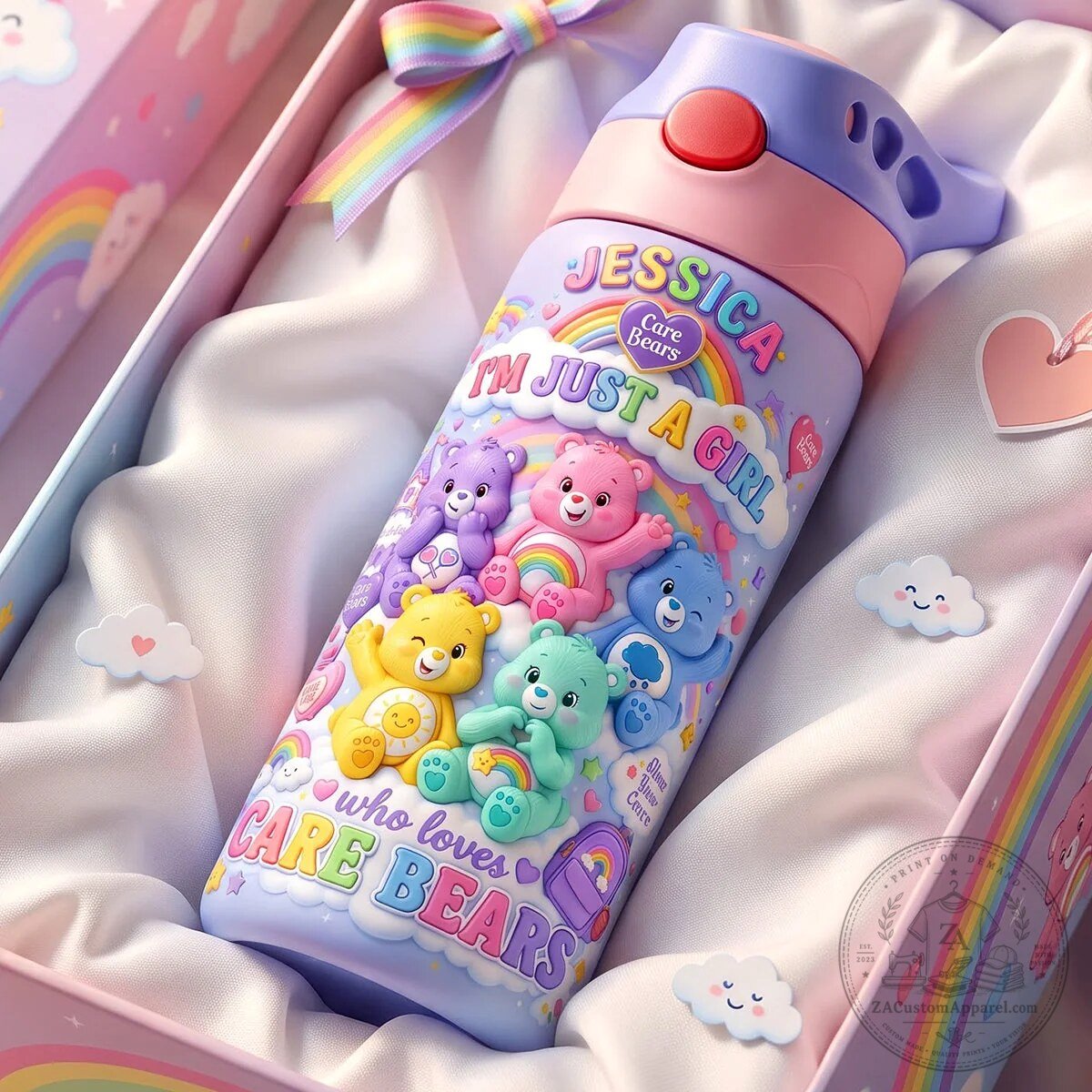 Personalized Care Bears Water Bottle for Girls, Cute Kids Tumbler with Name
