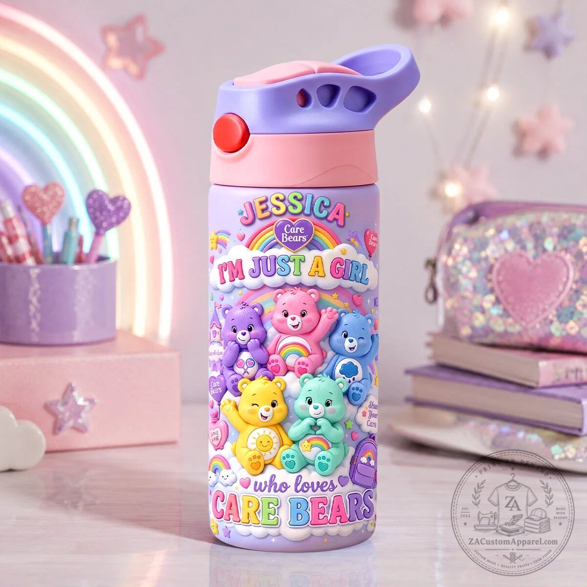 Personalized Care Bears Water Bottle for Girls, Cute Kids Tumbler with Name 5 Personalized Care Bears Water Bottle for Girls, Cute Kids Tumbler with Name