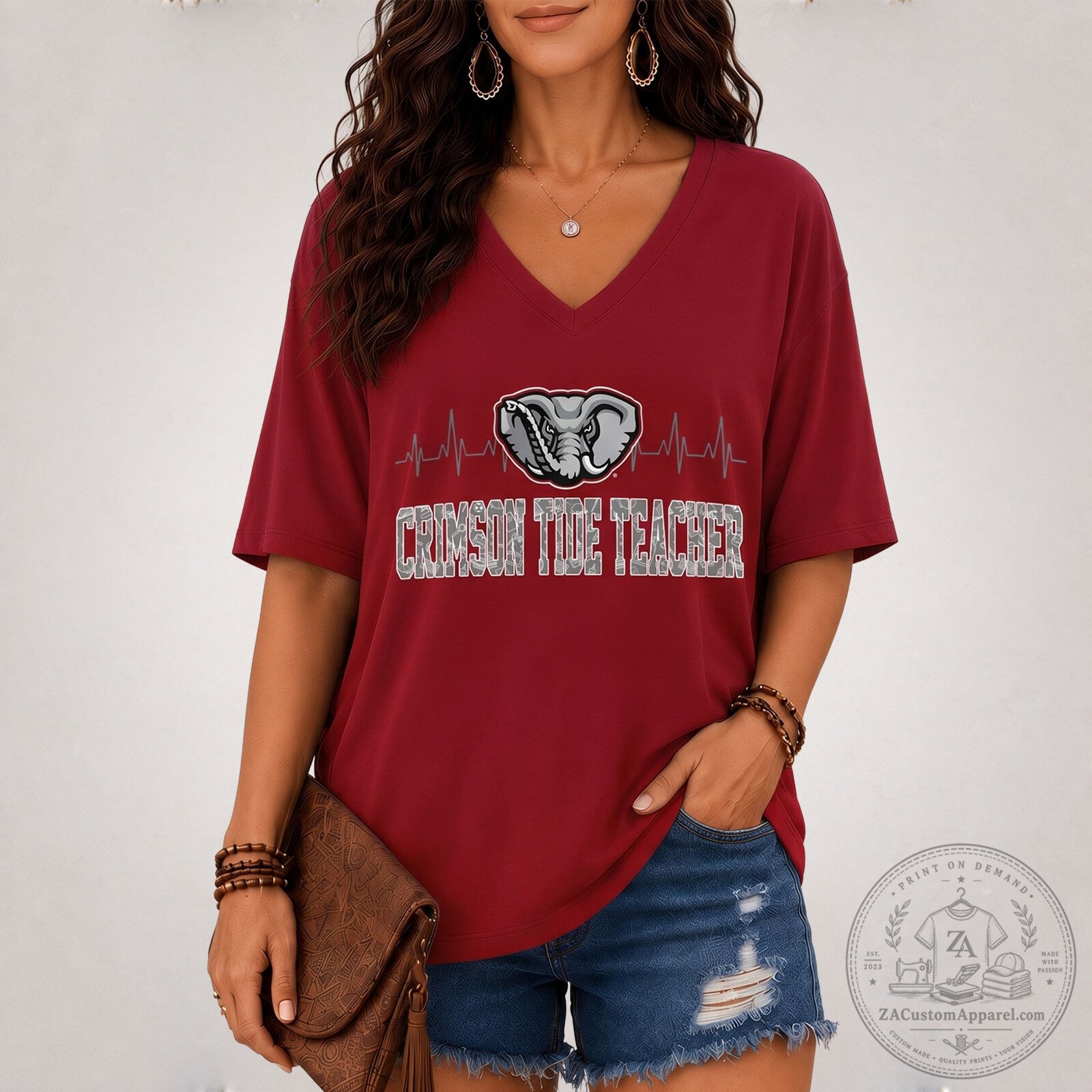 Alabama Crimson Tide Teacher Loves Football V-Neck T-Shirt 4 Alabama Crimson Tide Teacher Loves Football V-Neck T-Shirt