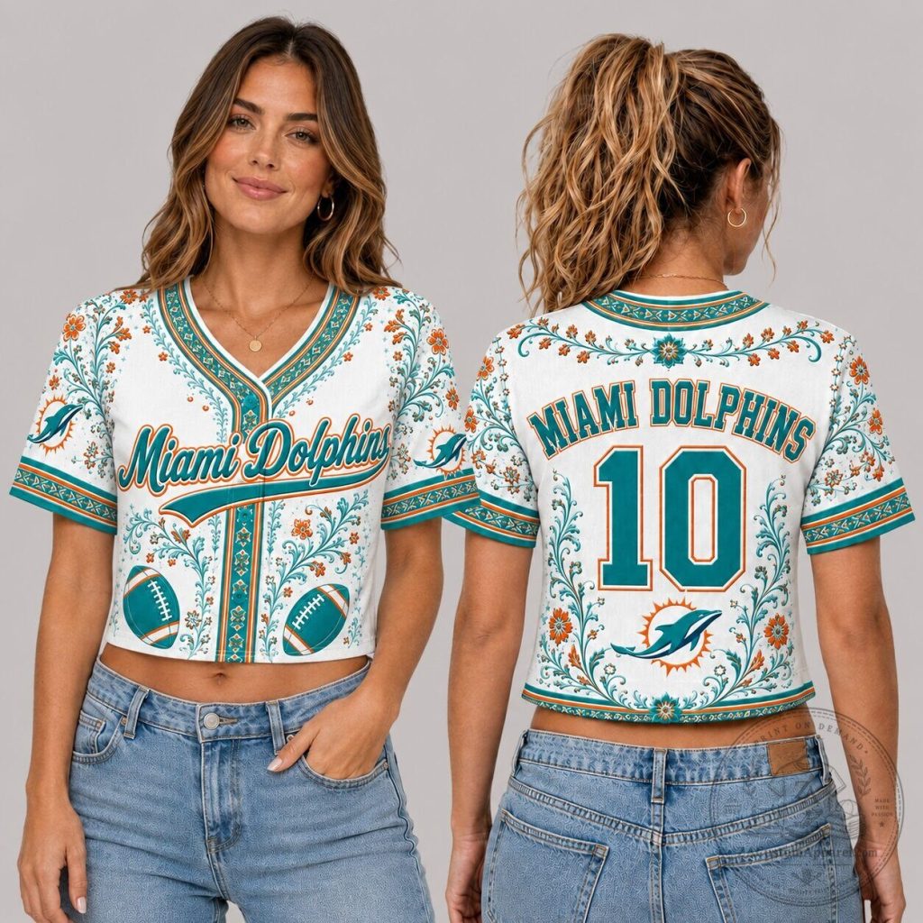 Miami Dolphins Floral Baseball Jersey for Women with Number Ten Miami Dolphins Floral Baseball Jersey for Women with Number Ten