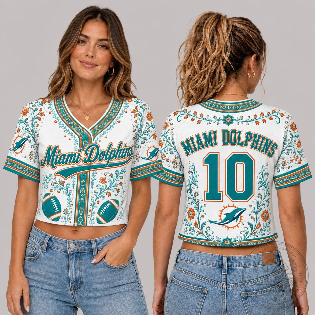 Miami Dolphins Floral Baseball Jersey for Women with Number Ten