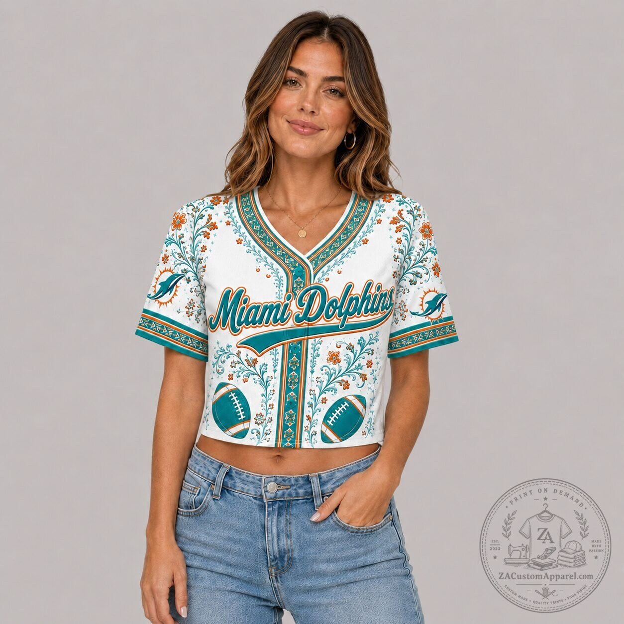Miami Dolphins Floral Baseball Jersey for Women with Number Ten 4 Miami Dolphins Floral Baseball Jersey for Women with Number Ten