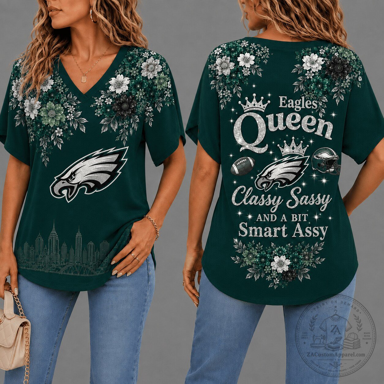 Philadelphia Eagles Queen Classy Sassy Floral V-Neck T-Shirt for Women