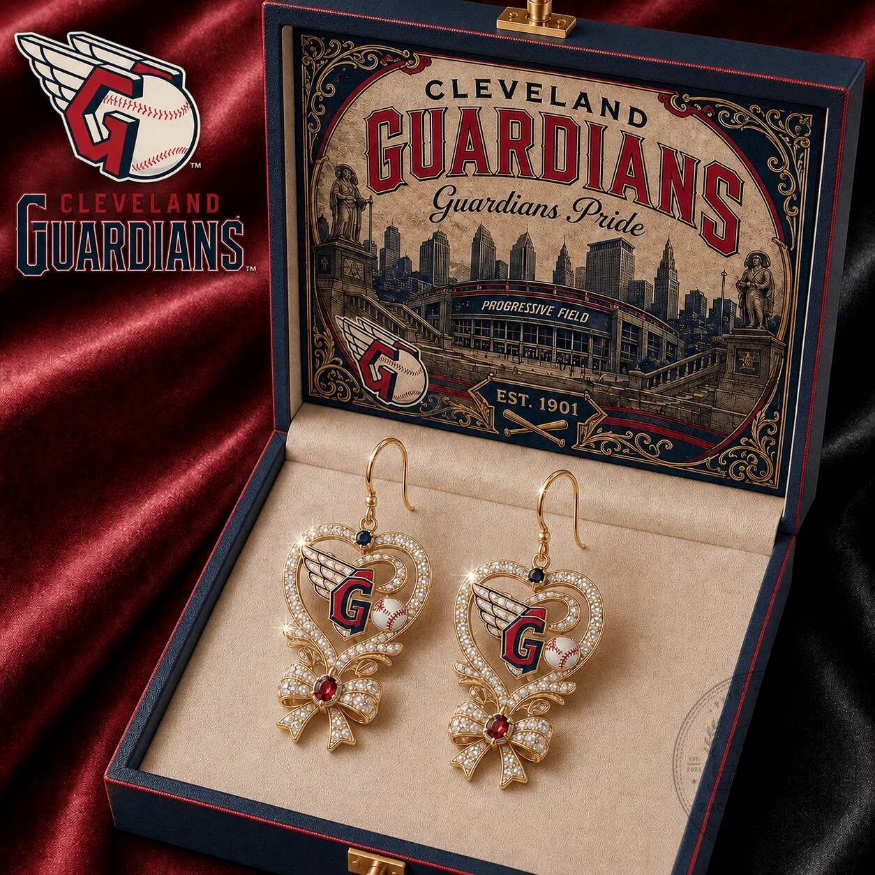 Cleveland Guardians Bow Adorned Heart Dangle Earrings with Crystal Accents