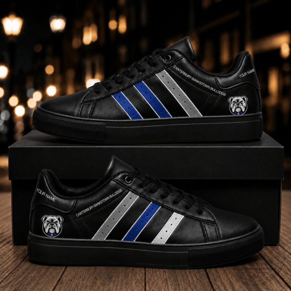 Canterbury Bankstown Bulldogs Personalized Black Blue White Striped Shoes Canterbury Bankstown Bulldogs Personalized Black Blue White Striped Shoes