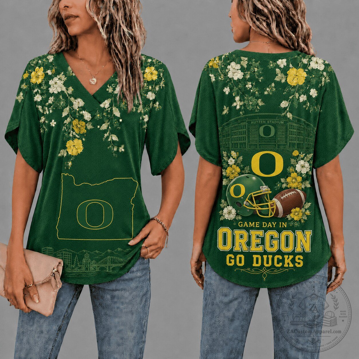 Oregon Ducks Football Gameday Floral Petal Sleeve V-Neck T-Shirt