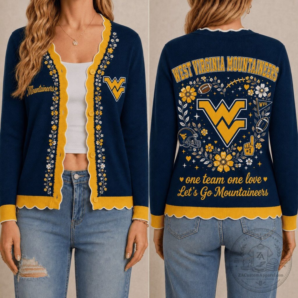 West Virginia Mountaineers One Team One Love Floral Cardigan Sweater West Virginia Mountaineers One Team One Love Floral Cardigan Sweater