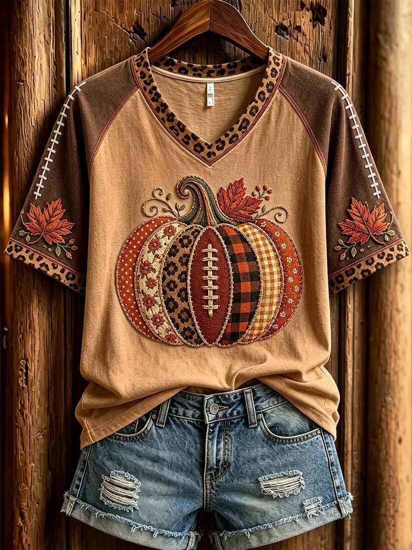 Autumn Football Pumpkin Leopard Print V-Neck Raglan Sleeve T-Shirt
