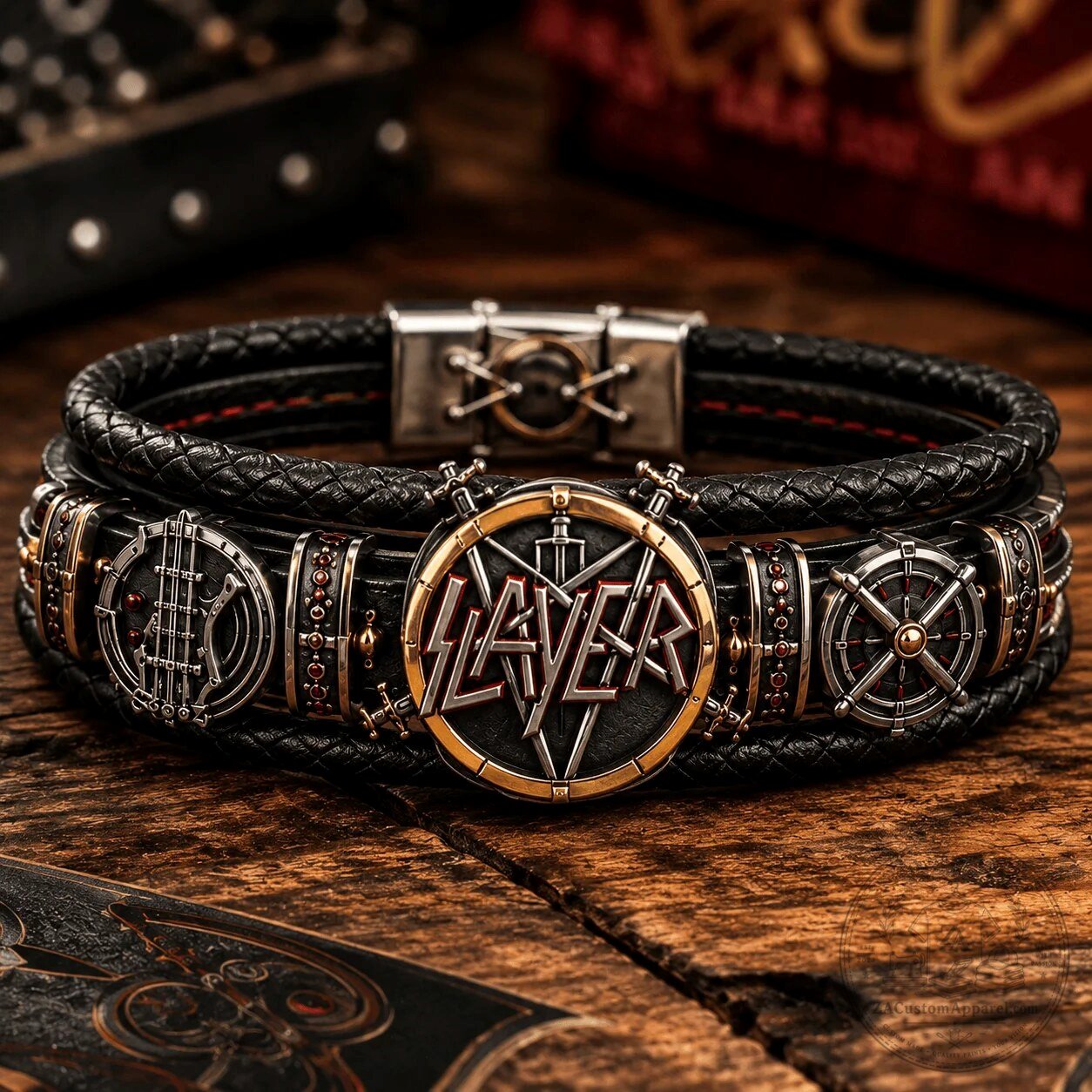 Braided Leather Bracelet with Slayer Band Logo - Perfect Gift for Heavy Metal Music Fans 4 Braided Leather Bracelet with Slayer Band Logo - Perfect Gift for Heavy Metal Music Fans