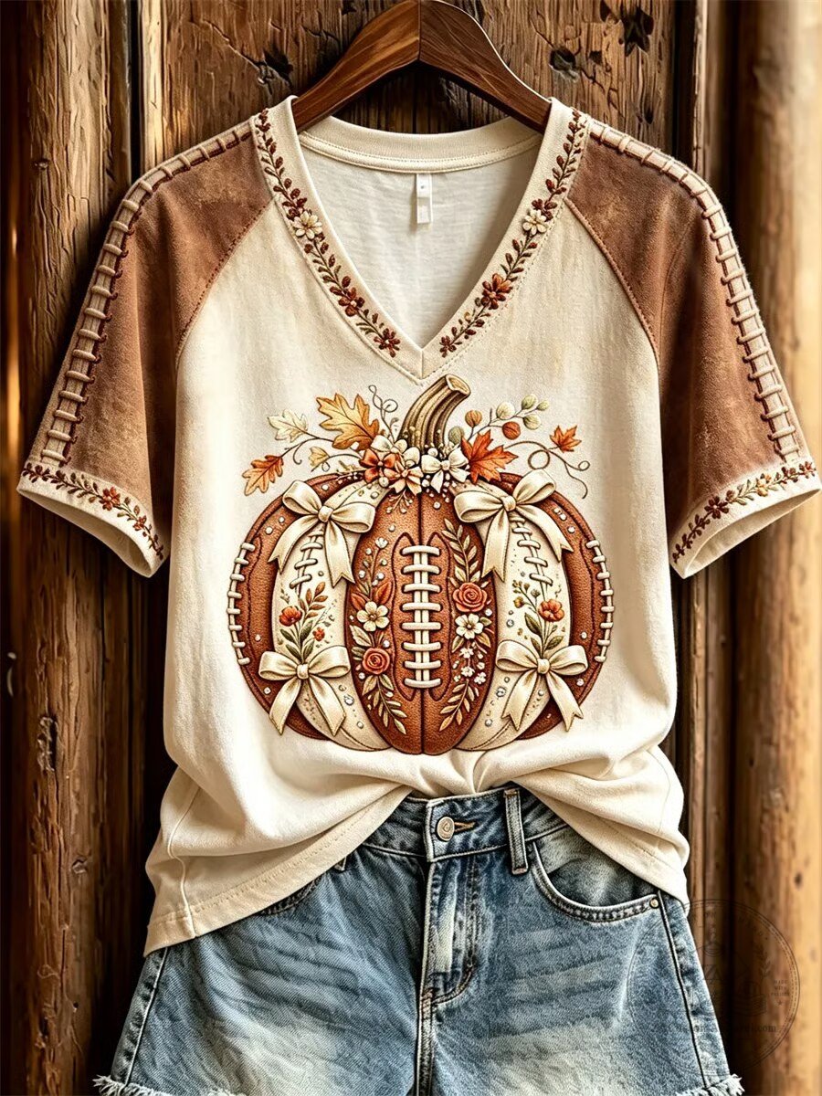 Autumn Football Pumpkin Graphic V-Neck Raglan Sleeve T-Shirt