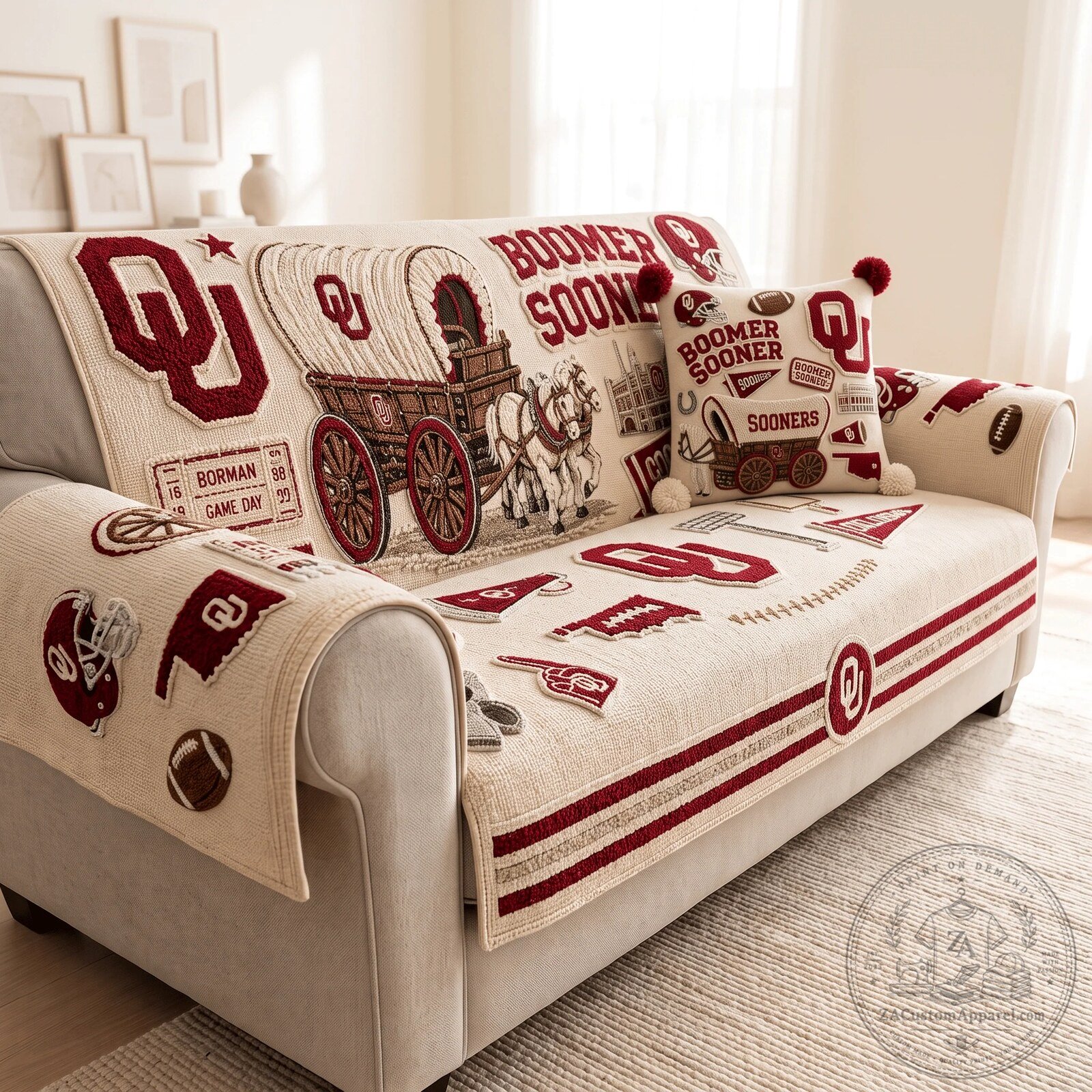 Boomer Sooner Pillow Set and Tufted Sofa Cover for Oklahoma Sooners Fans