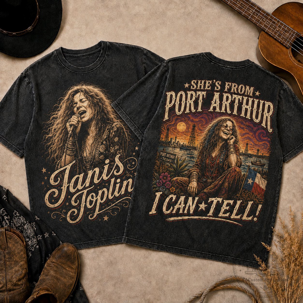 Black T-Shirt Featuring Vintage Sunset Portrait of Janis Joplin from Port Arthur, Texas
