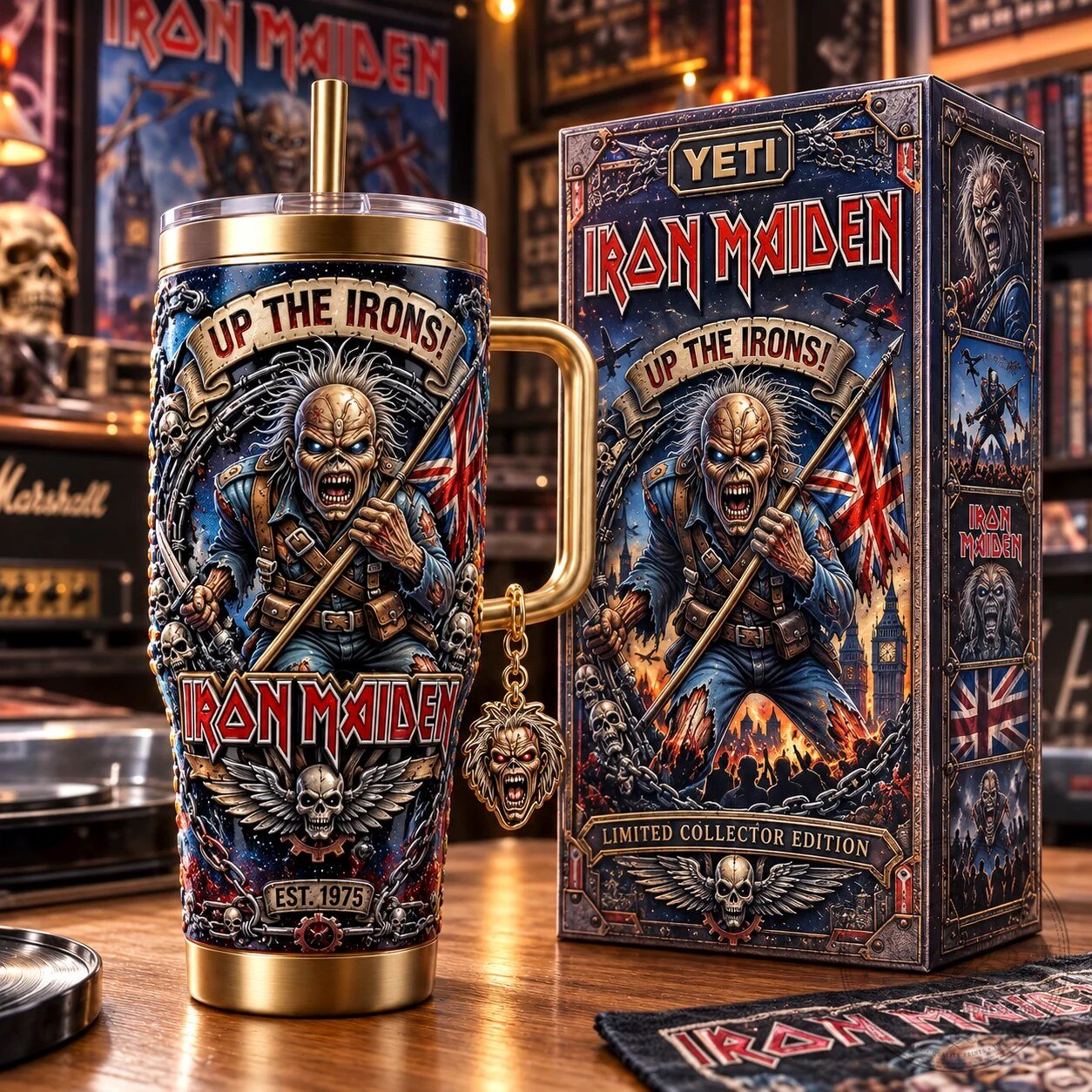Iron Maiden Up The Irons Eddie The Trooper Gold Handle Tumbler