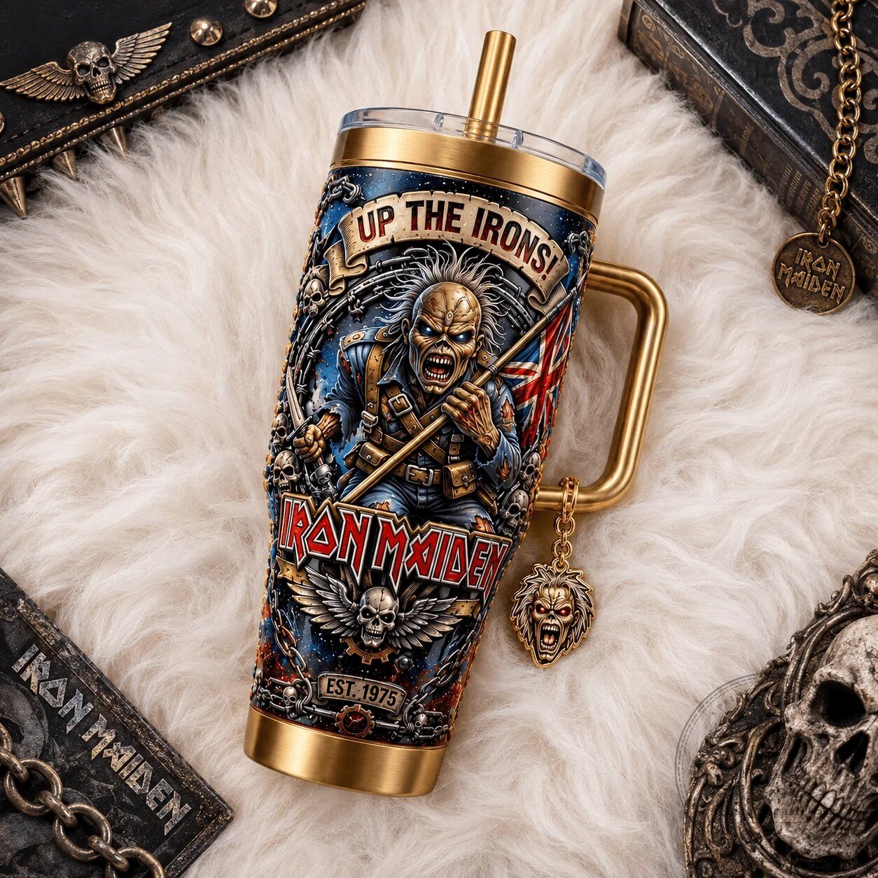 Iron Maiden Up The Irons Eddie The Trooper Gold Handle Tumbler 6 Iron Maiden Up The Irons Eddie The Trooper Gold Handle Tumbler