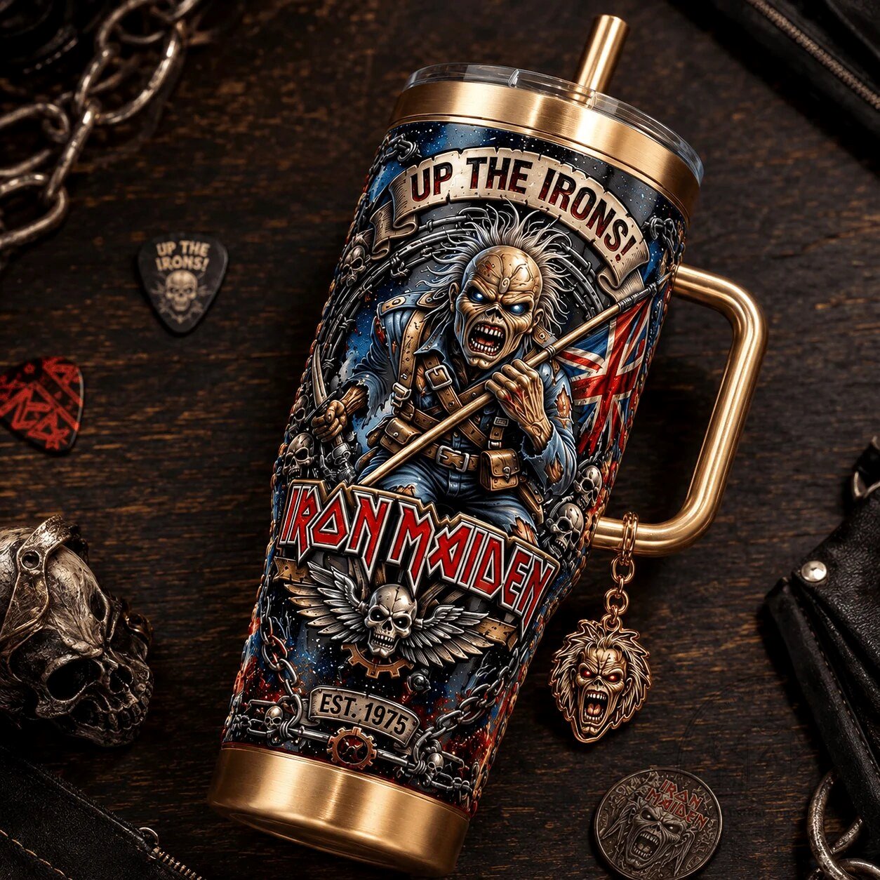 Iron Maiden Up The Irons Eddie The Trooper Gold Handle Tumbler 7 Iron Maiden Up The Irons Eddie The Trooper Gold Handle Tumbler