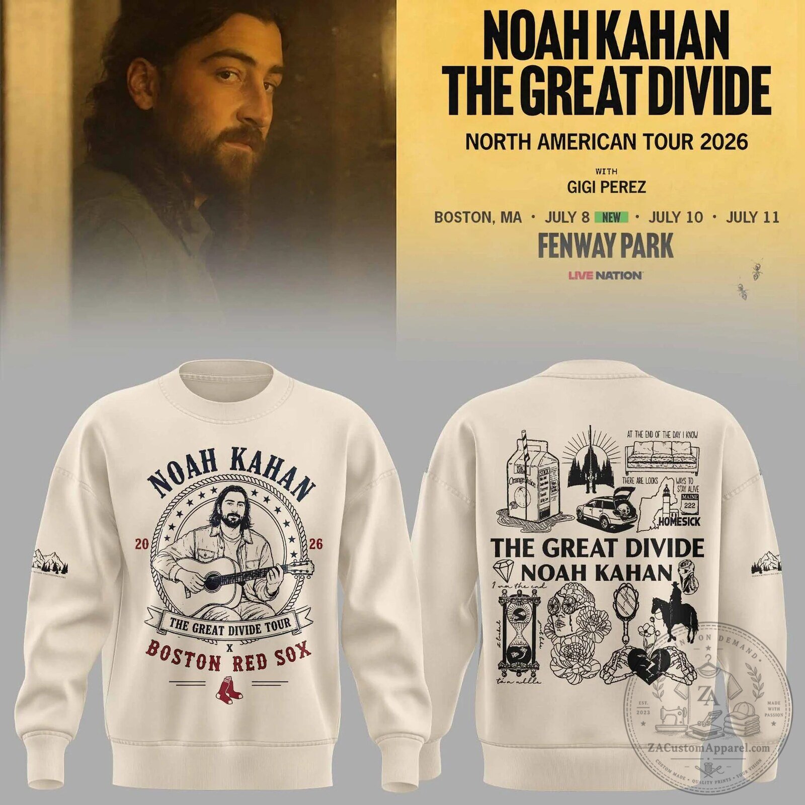 Noah Kahan The Great Divide Tour 2026 Boston Red Sox Crewneck Sweatshirt