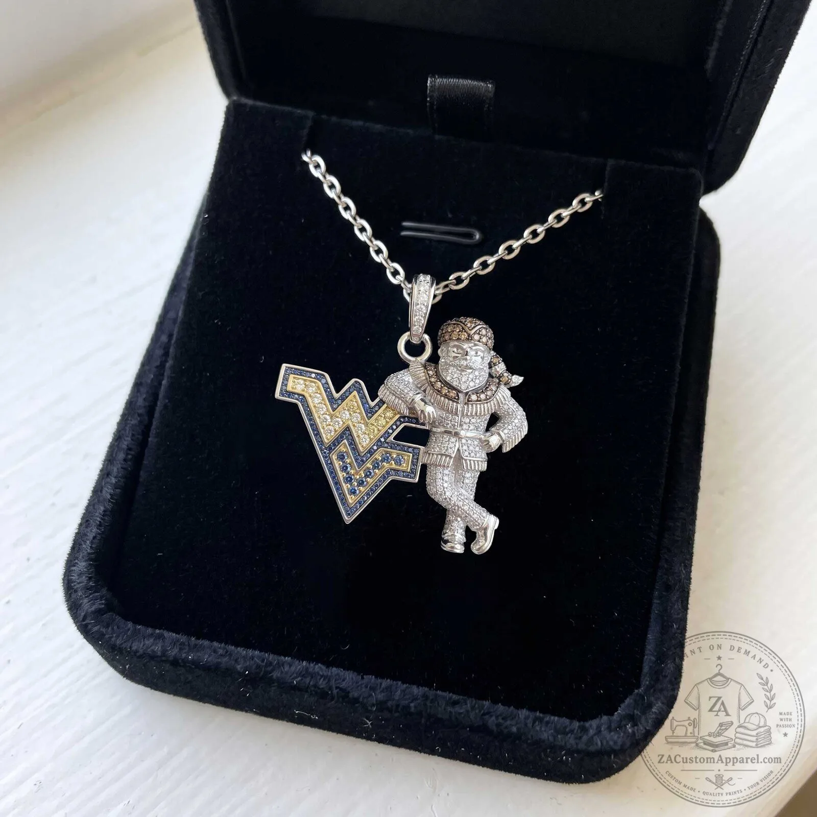 West Virginia Mountaineers Mascot and WV Logo Diamond Pendant Necklace 3 West Virginia Mountaineers Mascot and WV Logo Diamond Pendant Necklace
