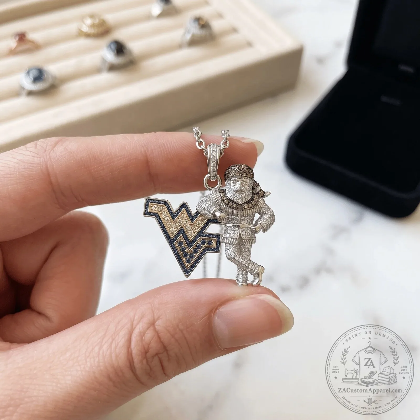 West Virginia Mountaineers Mascot and WV Logo Diamond Pendant Necklace 5 West Virginia Mountaineers Mascot and WV Logo Diamond Pendant Necklace