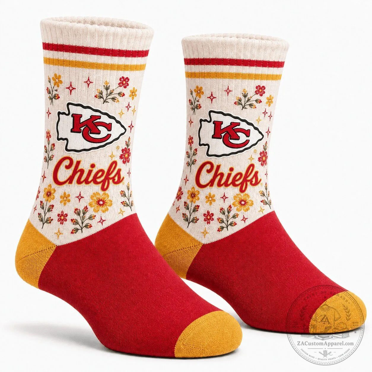 Kansas City Chiefs Floral Pattern Red and Yellow Crew Socks