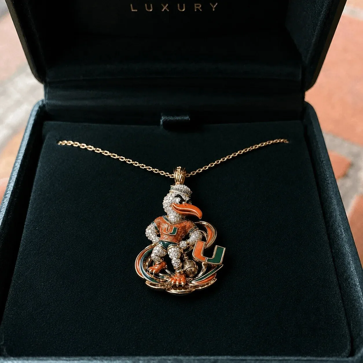 University of Miami Hurricanes Sebastian the Ibis Mascot Gold Necklace 3 University of Miami Hurricanes Sebastian the Ibis Mascot Gold Necklace