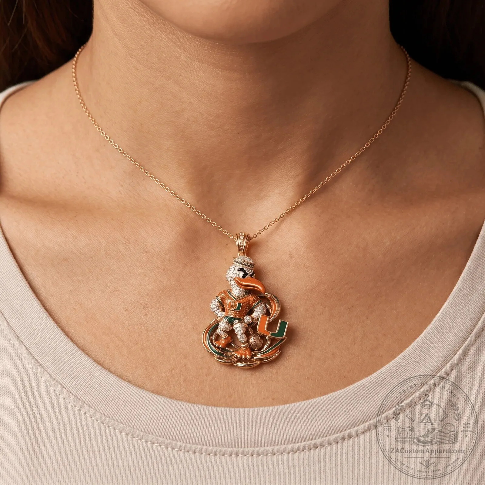 University of Miami Hurricanes Sebastian the Ibis Mascot Gold Necklace 5 University of Miami Hurricanes Sebastian the Ibis Mascot Gold Necklace