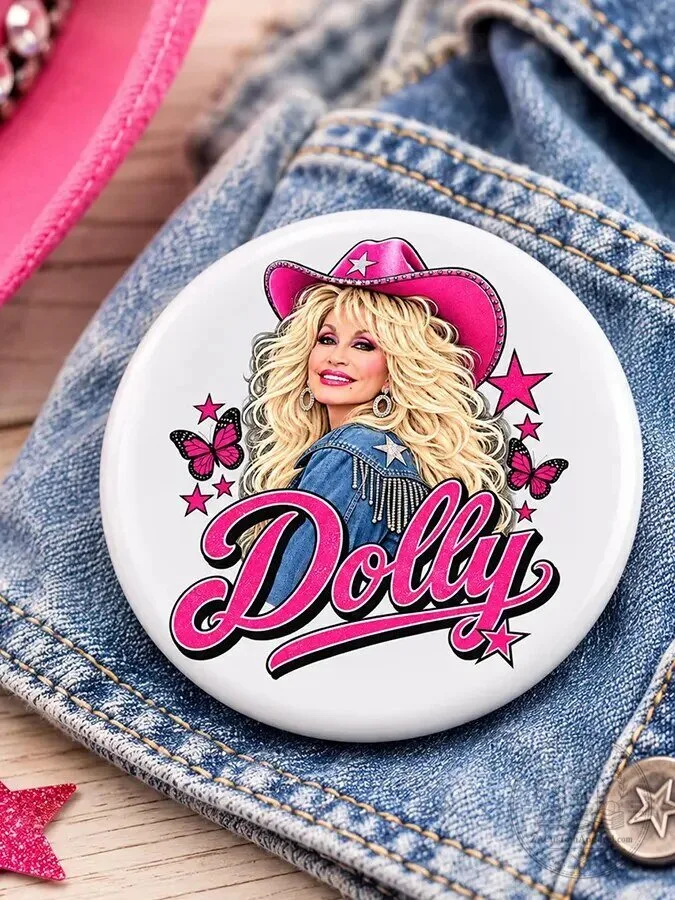 Dolly Parton Country Music Star Portrait Pink Hat Pin Button