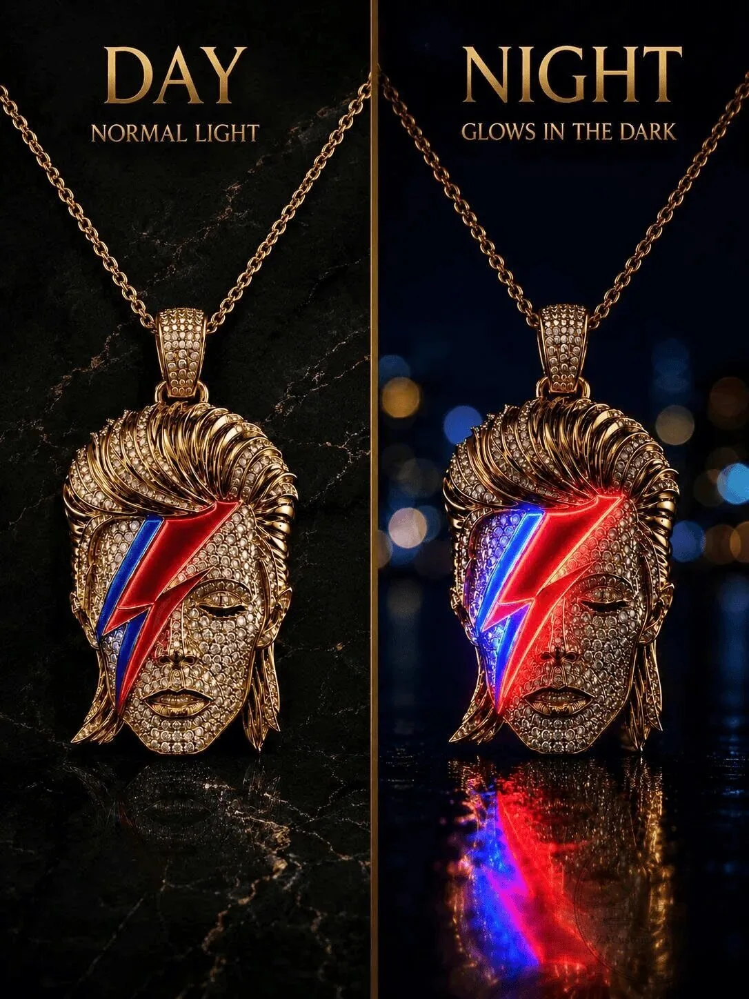 David Bowie Aladdin Sane Diamond Head Pendant Necklace with Gold Chain