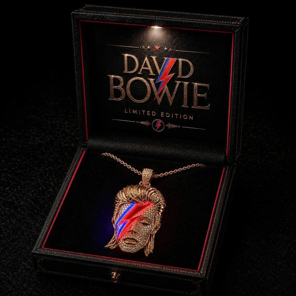 David Bowie Aladdin Sane Diamond Head Pendant Necklace with Gold Chain 5 David Bowie Aladdin Sane Diamond Head Pendant Necklace with Gold Chain