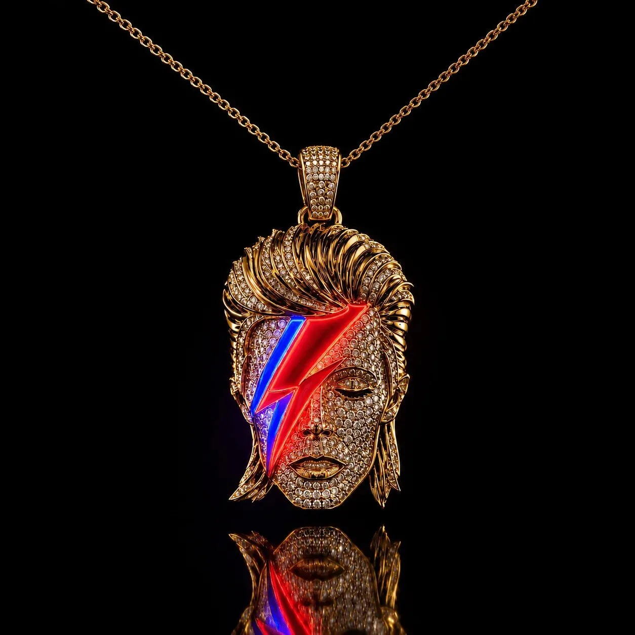 David Bowie Aladdin Sane Diamond Head Pendant Necklace with Gold Chain 7 David Bowie Aladdin Sane Diamond Head Pendant Necklace with Gold Chain