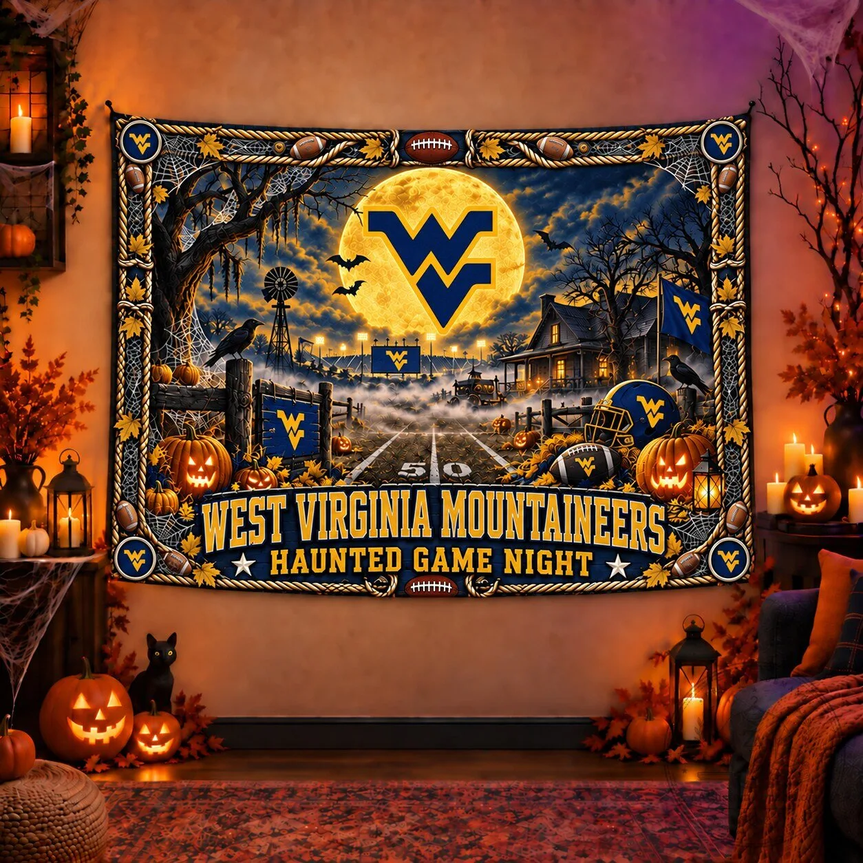 West Virginia Mountaineers Haunted Game Night Halloween Wall Tapestry 1 West Virginia Mountaineers Haunted Game Night Halloween Wall Tapestry