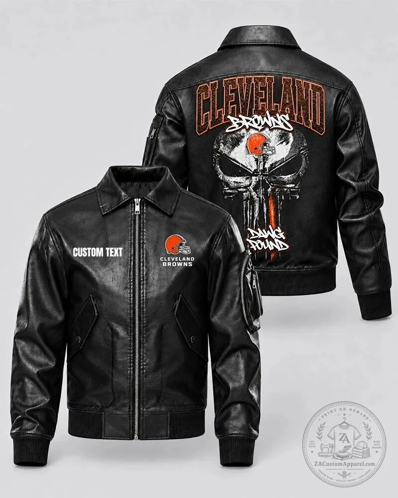 Cleveland Browns NFL Football Team Skull Design Leather Bomber Jacket 1 Cleveland Browns NFL Football Team Skull Design Leather Bomber Jacket