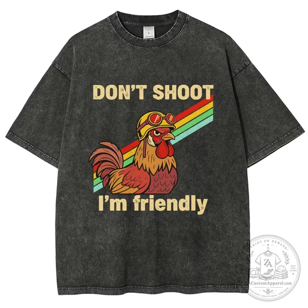 Funny Rooster Don't Shoot I'm Friendly Graphic Washed T-Shirt 1 funny rooster don t shoot i m friendly graphic washed t shirt featured