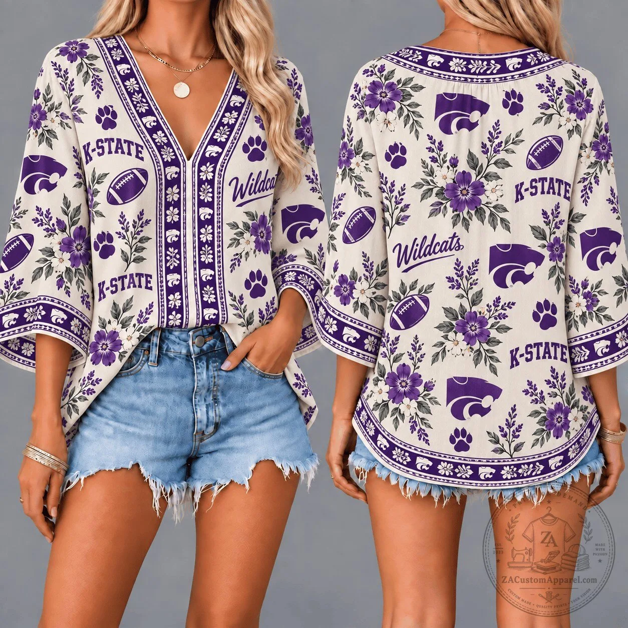 Kansas State Wildcats Floral Boho V-Neck Three Quarter Sleeve Blouse