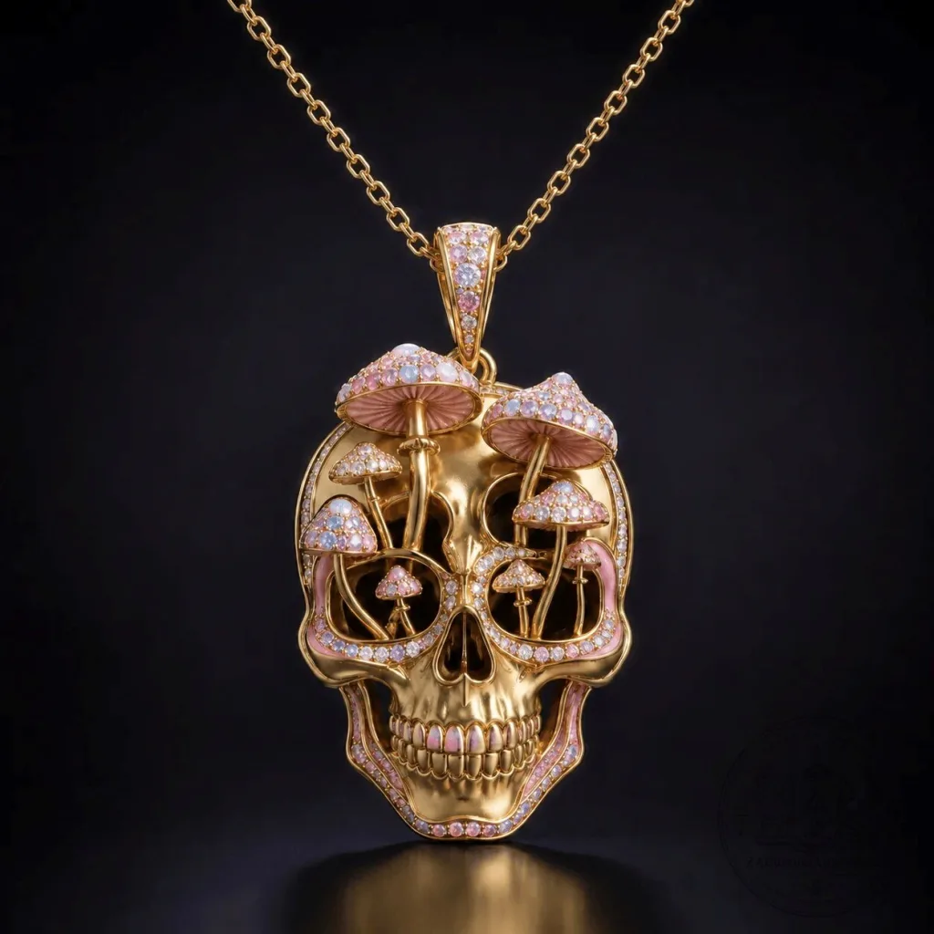 Diamond Encrusted Gold Skull Pendant Necklace with Pink Mushroom Accents Diamond Encrusted Gold Skull Pendant Necklace with Pink Mushroom Accents