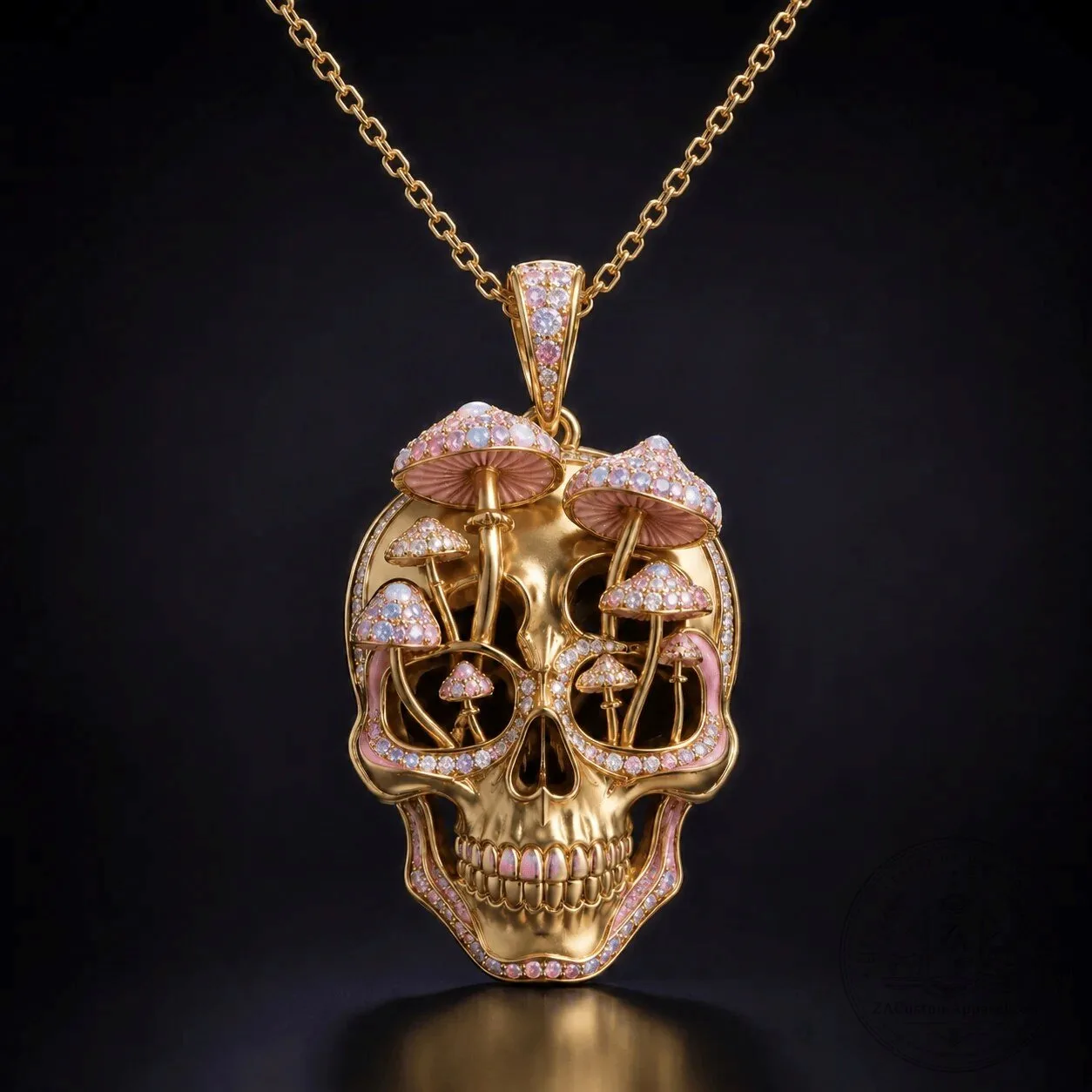 Diamond Encrusted Gold Skull Pendant Necklace with Pink Mushroom Accents 3 Diamond Encrusted Gold Skull Pendant Necklace with Pink Mushroom Accents