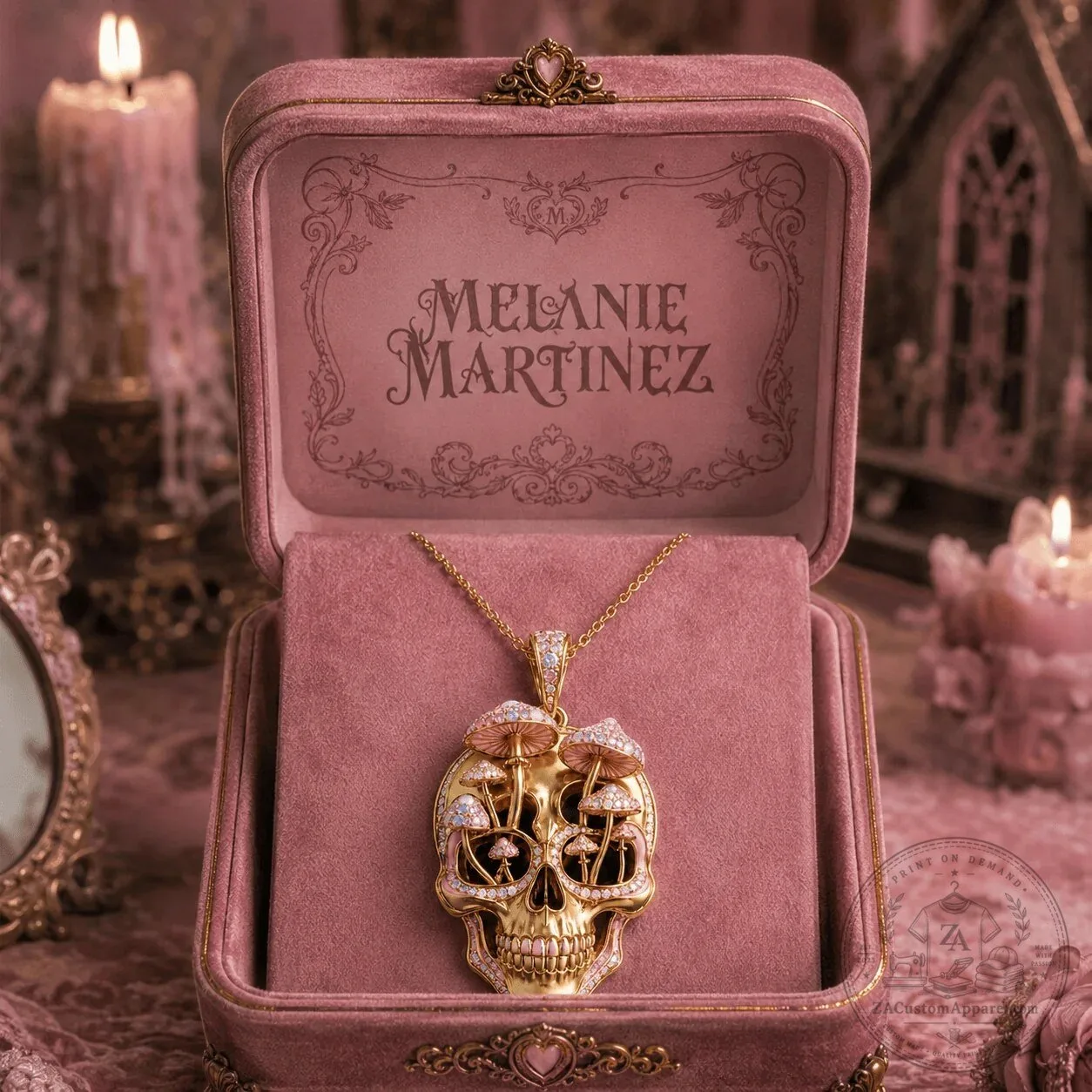 Diamond Encrusted Gold Skull Pendant Necklace with Pink Mushroom Accents 4 Diamond Encrusted Gold Skull Pendant Necklace with Pink Mushroom Accents
