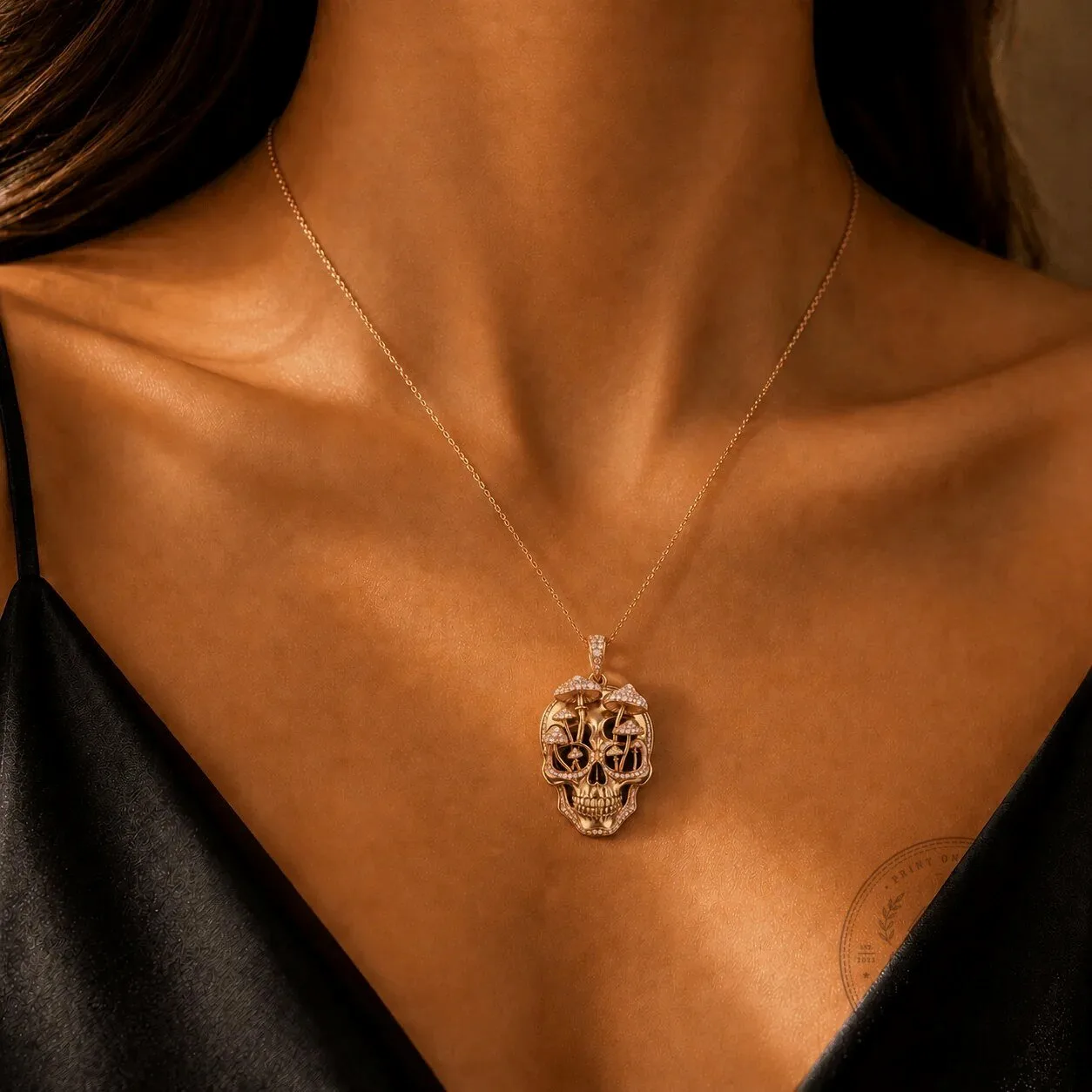 Diamond Encrusted Gold Skull Pendant Necklace with Pink Mushroom Accents 5 Diamond Encrusted Gold Skull Pendant Necklace with Pink Mushroom Accents