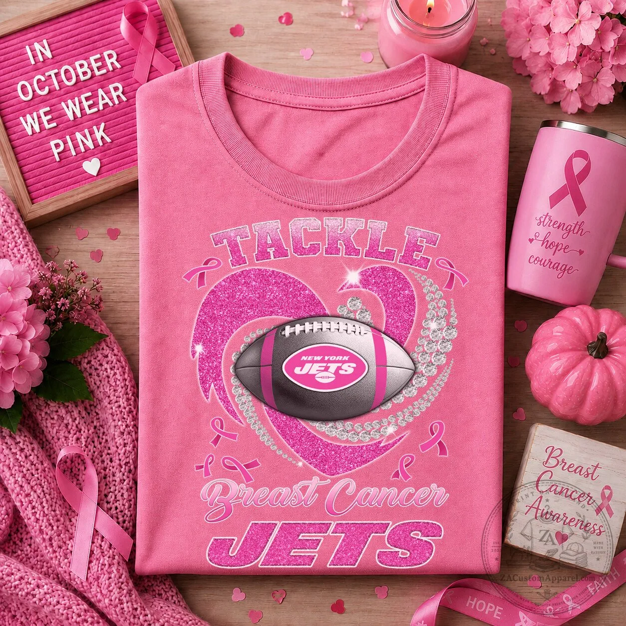 New York Jets Tackle Breast Cancer Awareness Pink Ribbon Football T-Shirt