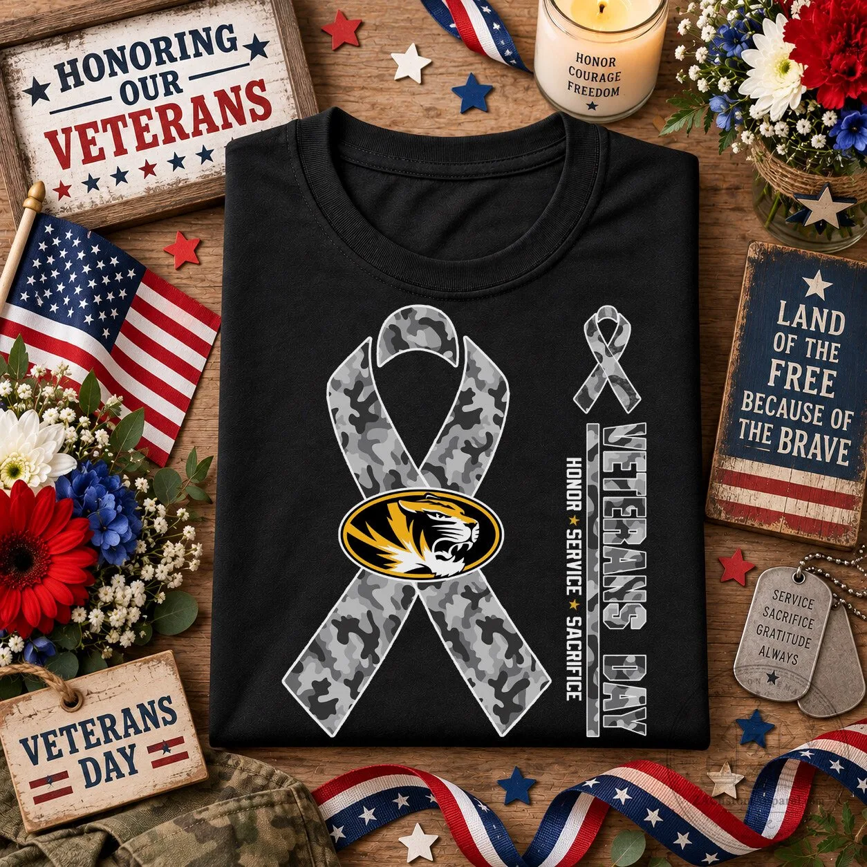 University of Missouri Tigers Veterans Day Camouflage Ribbon Black T-Shirt 1 University of Missouri Tigers Veterans Day Camouflage Ribbon Black T-Shirt
