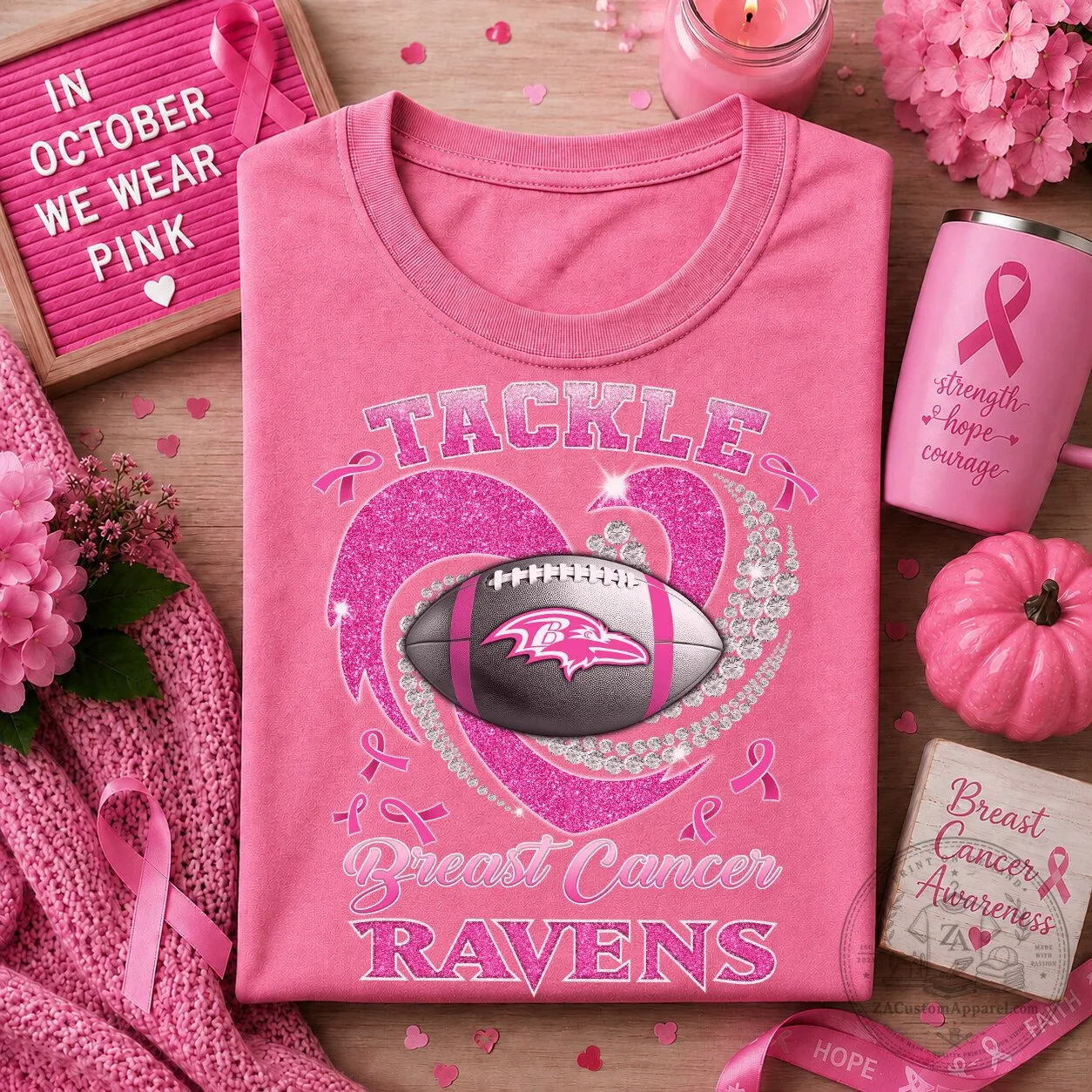 Baltimore Ravens Pink Ribbon Breast Cancer Awareness Football T-Shirt 1 Baltimore Ravens Pink Ribbon Breast Cancer Awareness Football T-Shirt